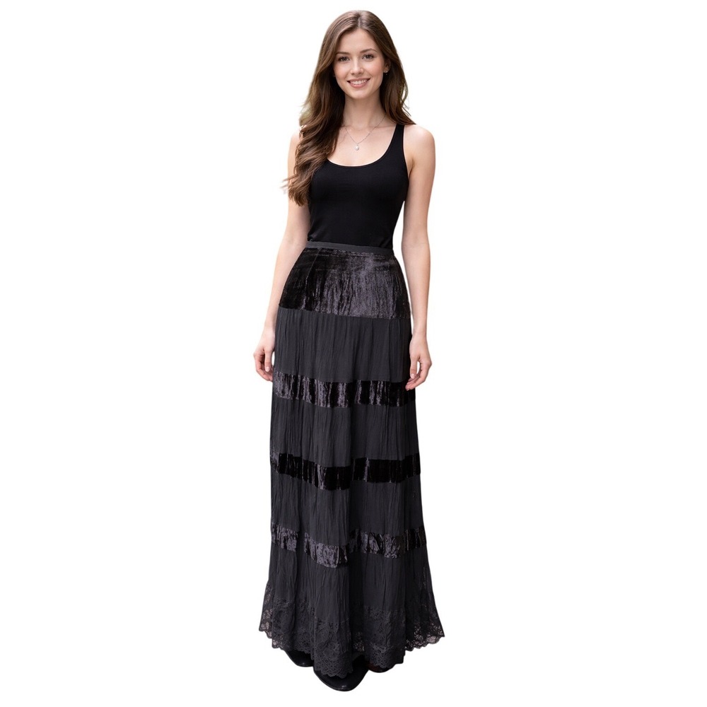 Bernini Beverly Hills‎ Black Velvet Chiffon Tiered Maxi Skirt Lace Hem Large